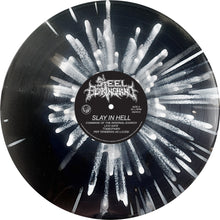 Load image into Gallery viewer, Steel Bearing Hand - “Slay In Hell” Black and Clear Merge with Bone White, Bright White, Grey, and Silver Splatter LP (Second Press)
