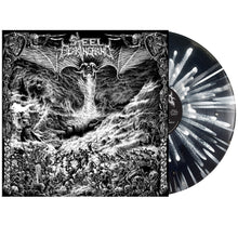 Load image into Gallery viewer, Steel Bearing Hand - “Slay In Hell” Black and Clear Merge with Bone White, Bright White, Grey, and Silver Splatter LP (Second Press)
