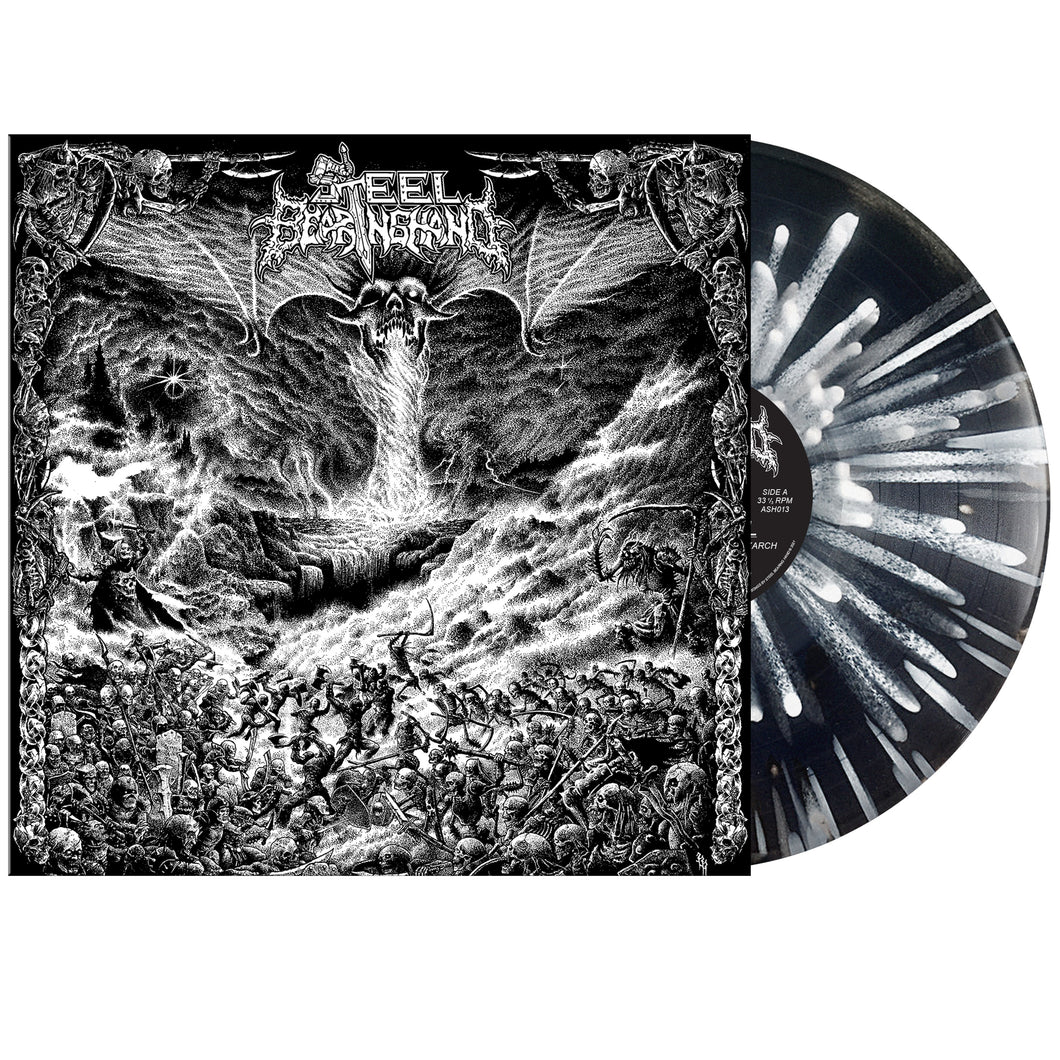 Steel Bearing Hand - “Slay In Hell” Black and Clear Merge with Bone White, Bright White, Grey, and Silver Splatter LP (Second Press)